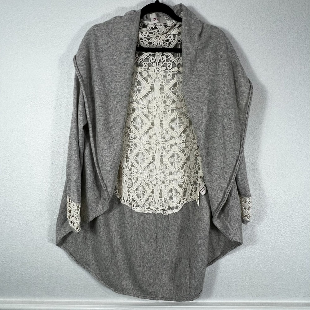 Yoon Open Front Cardigan Gray Cashmere‎ Wool Blend Lace Back Shawl Women's M